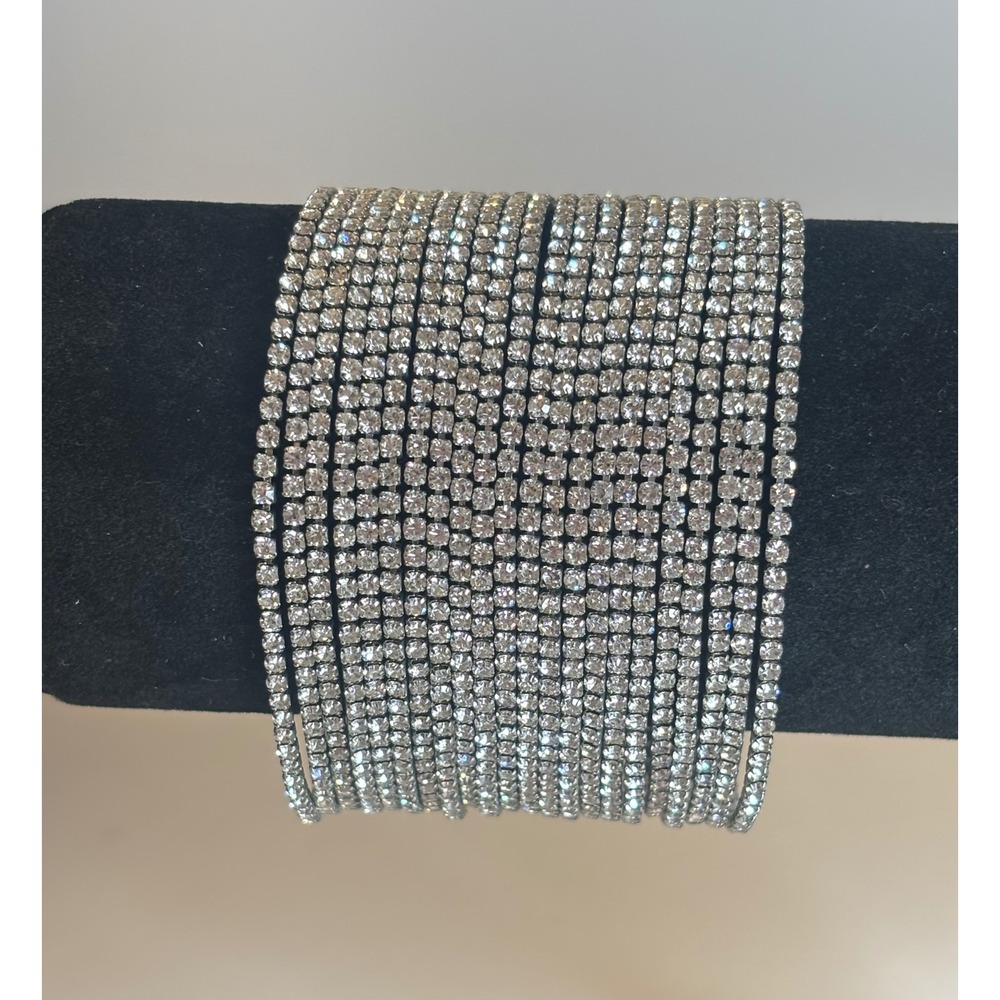 Vintage Y2K Rhinestone Bracelet Multi Strand Silver Tone Wide Cuff Bridal 6.25"